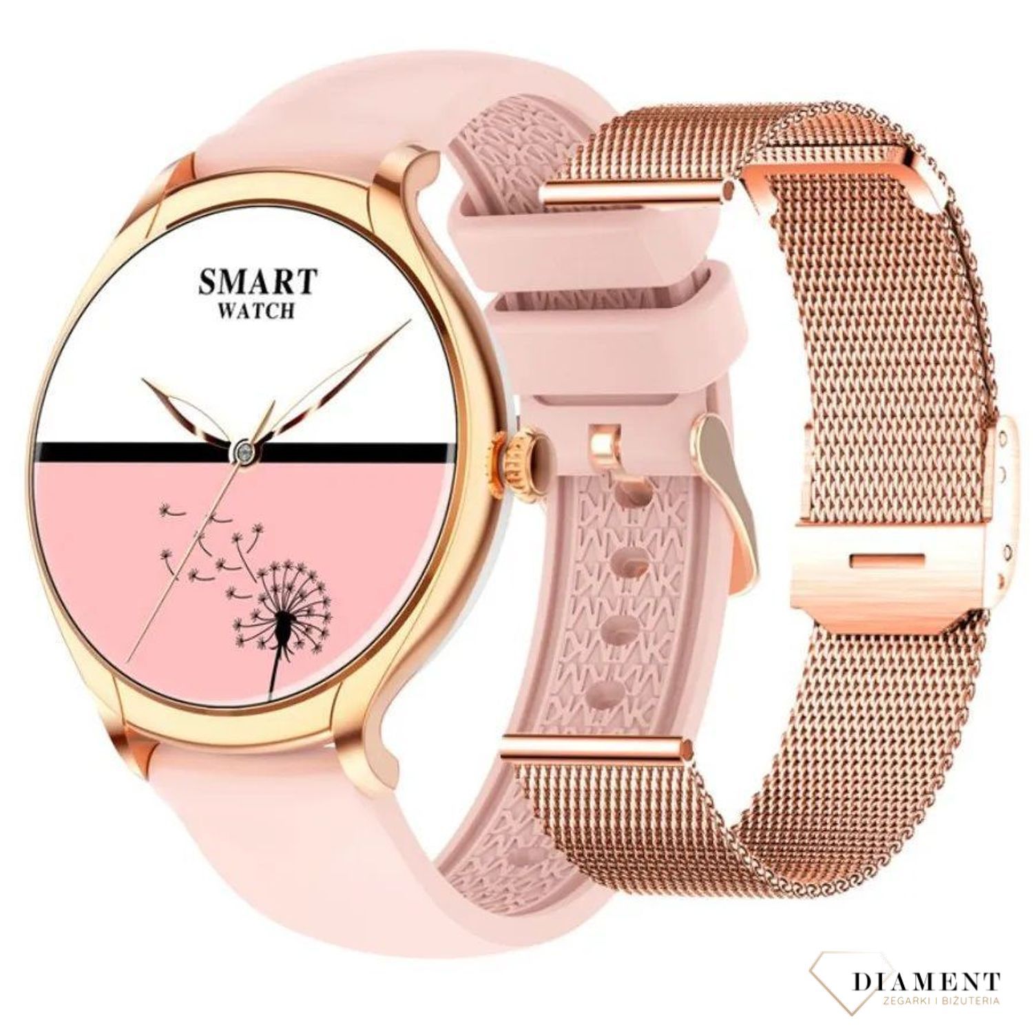 Smartwatch damski z rozmowami Rubicon RNCF13 różowe złoto.  Zegarek damski Smartwatch. Zegarek Rubicon z rozmowami dla kobiety na prezent. Smartwatch damski z bransoletą i paskiem. Smartwatch Rubicon damski.jpg